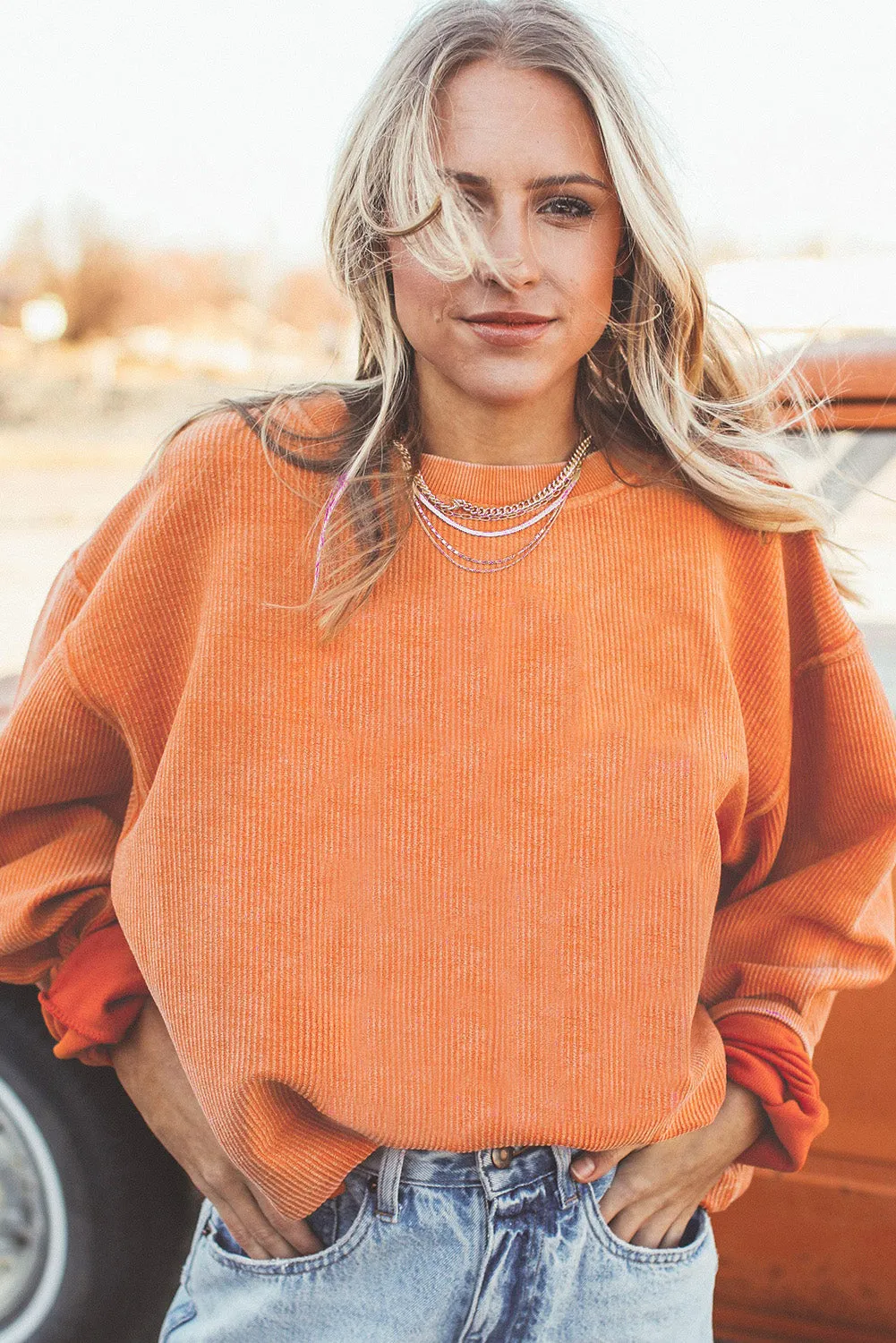 Black Solid Color Ribbed Oversized Sweatshirt