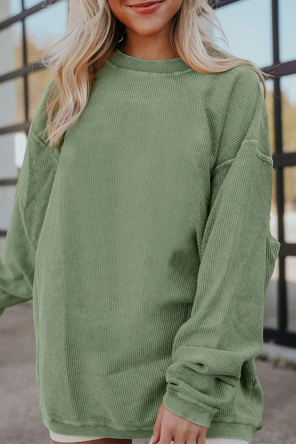 Black Solid Color Ribbed Oversized Sweatshirt