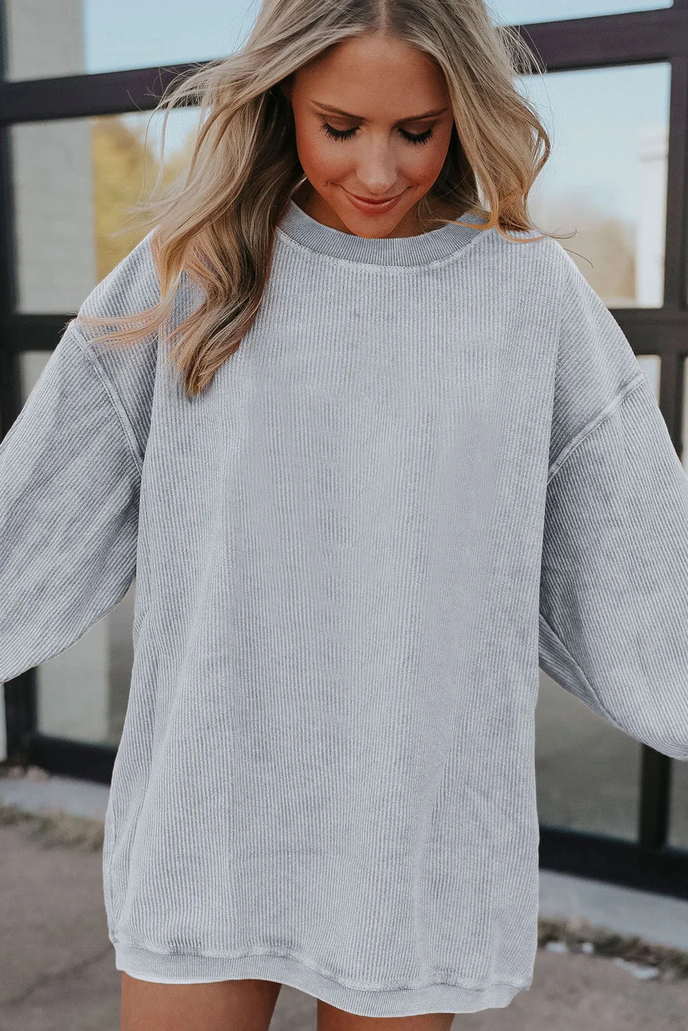 Black Solid Color Ribbed Oversized Sweatshirt