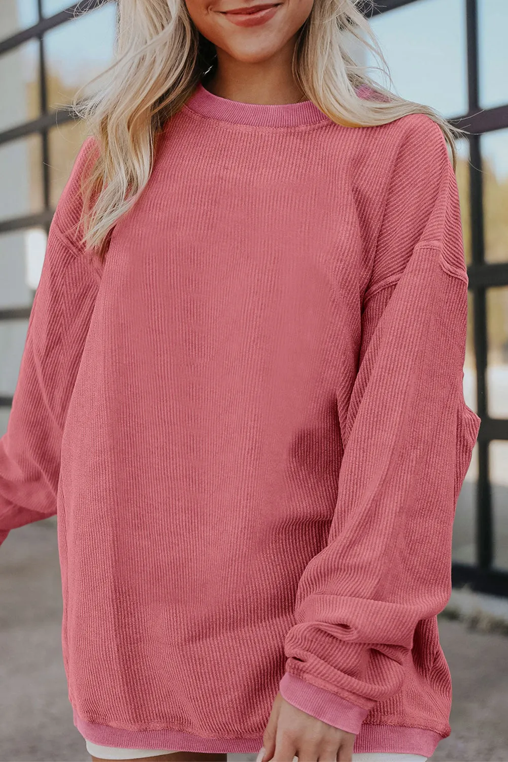 Black Solid Color Ribbed Oversized Sweatshirt