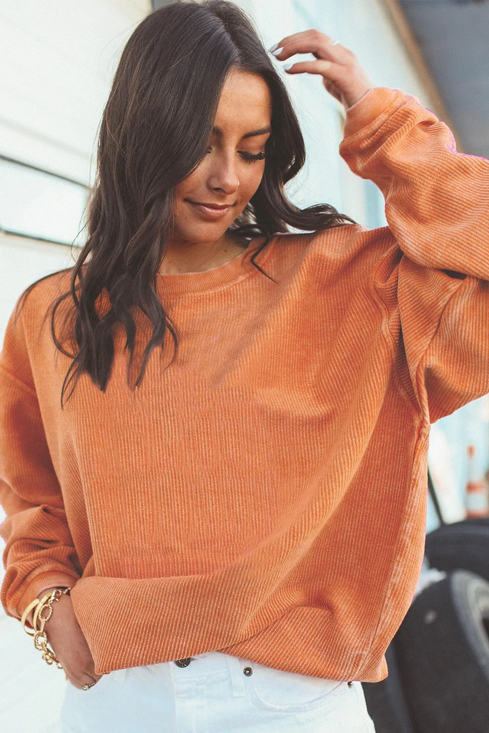 Black Solid Color Ribbed Oversized Sweatshirt