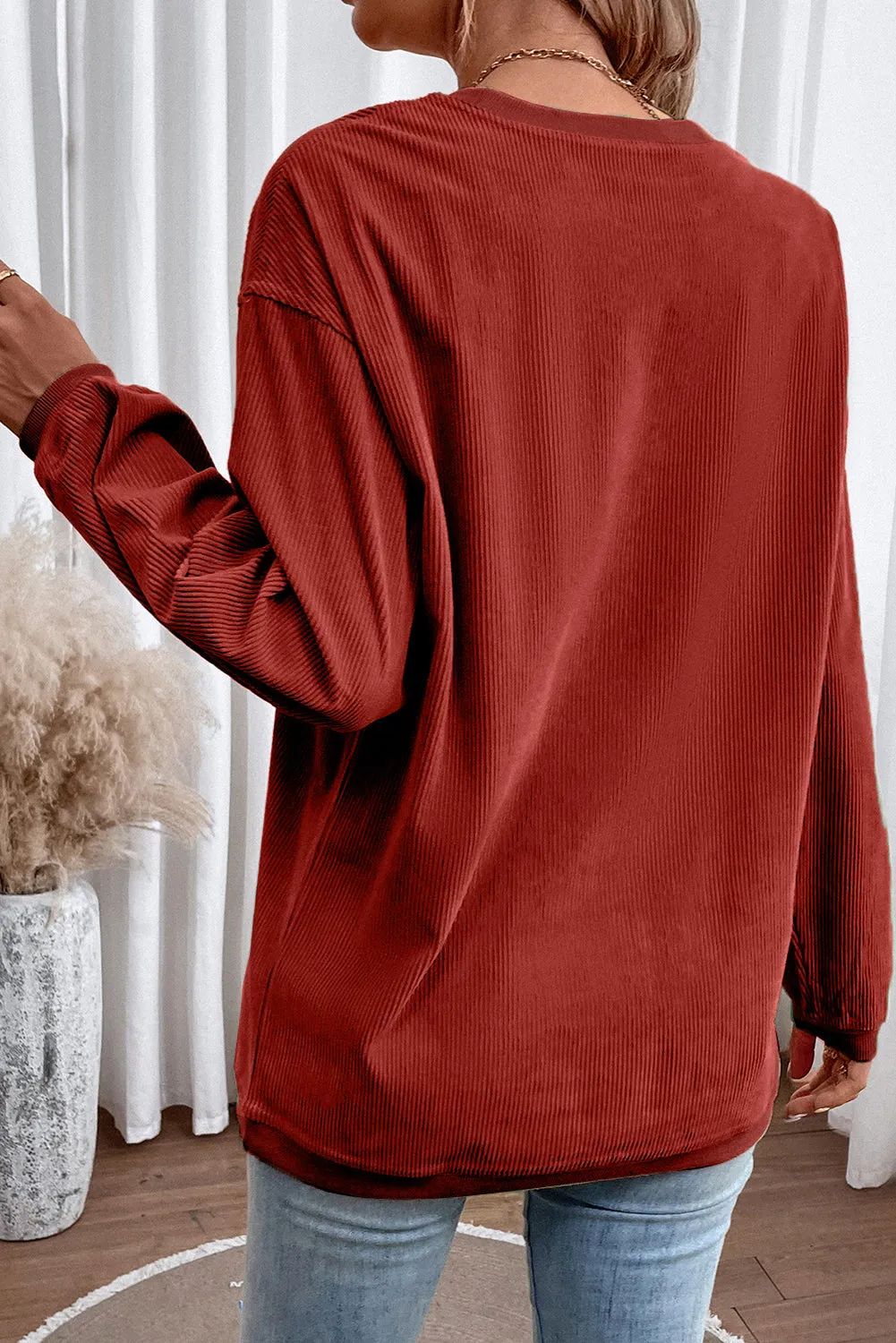 Black Solid Color Ribbed Oversized Sweatshirt