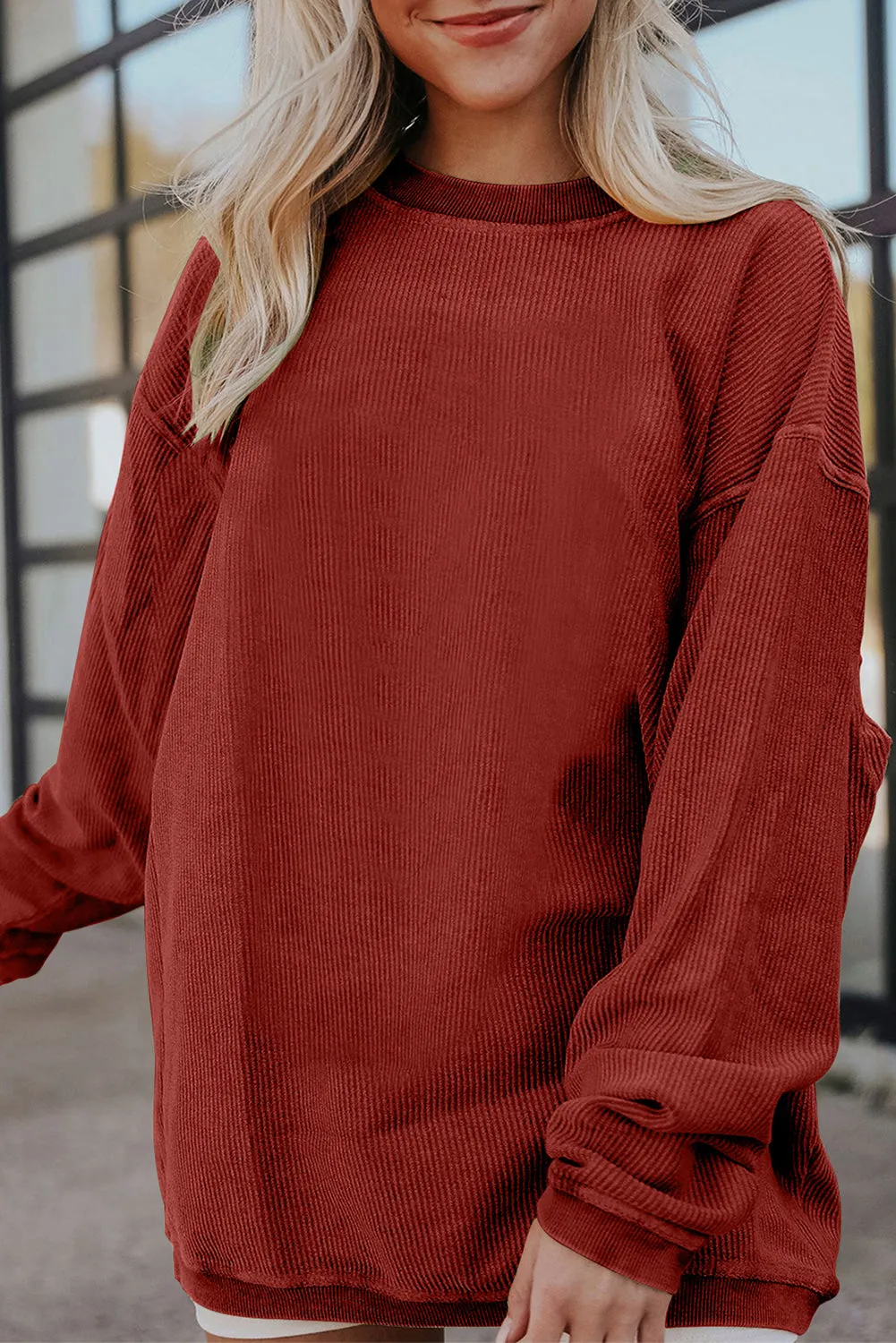 Black Solid Color Ribbed Oversized Sweatshirt
