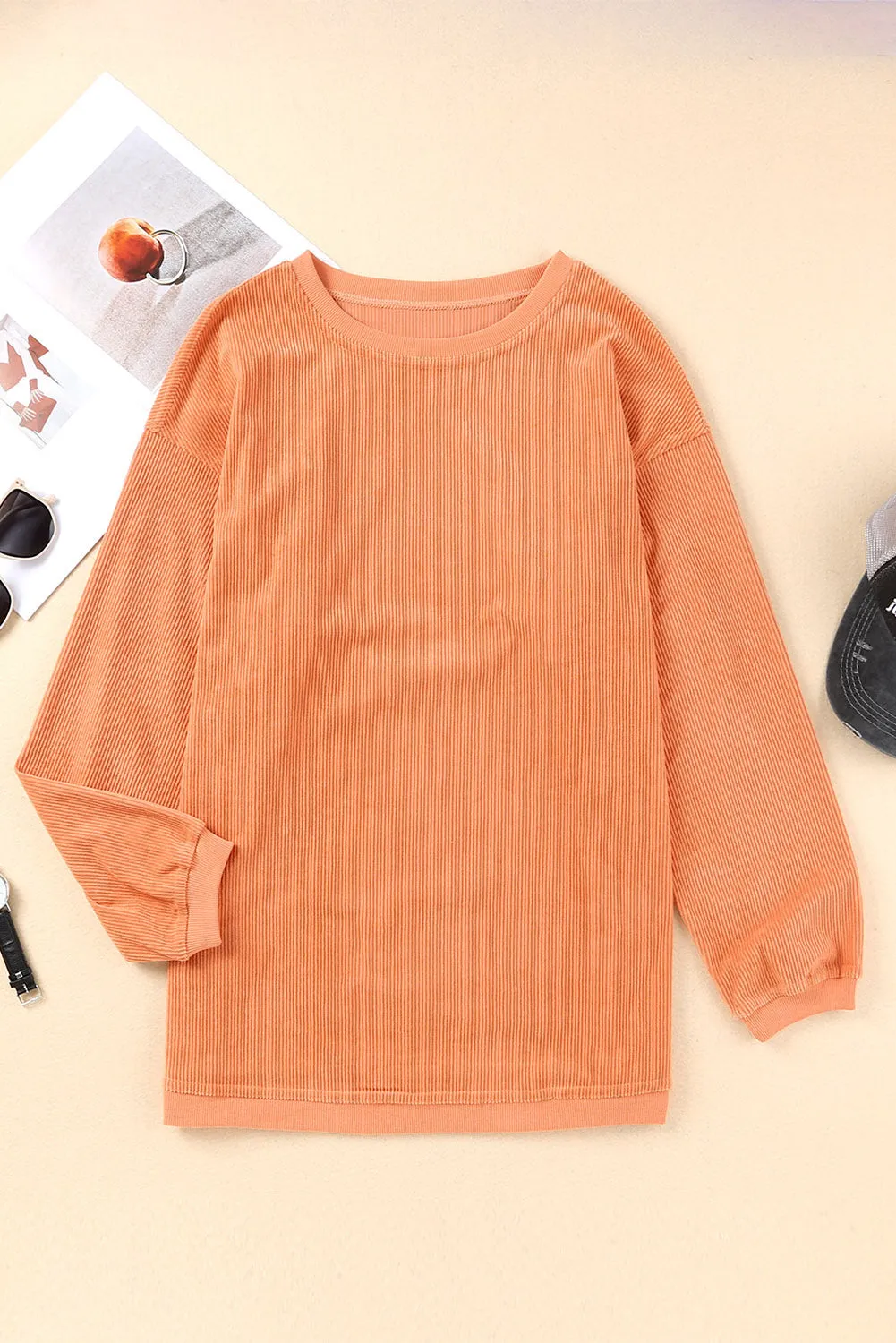 Black Solid Color Ribbed Oversized Sweatshirt