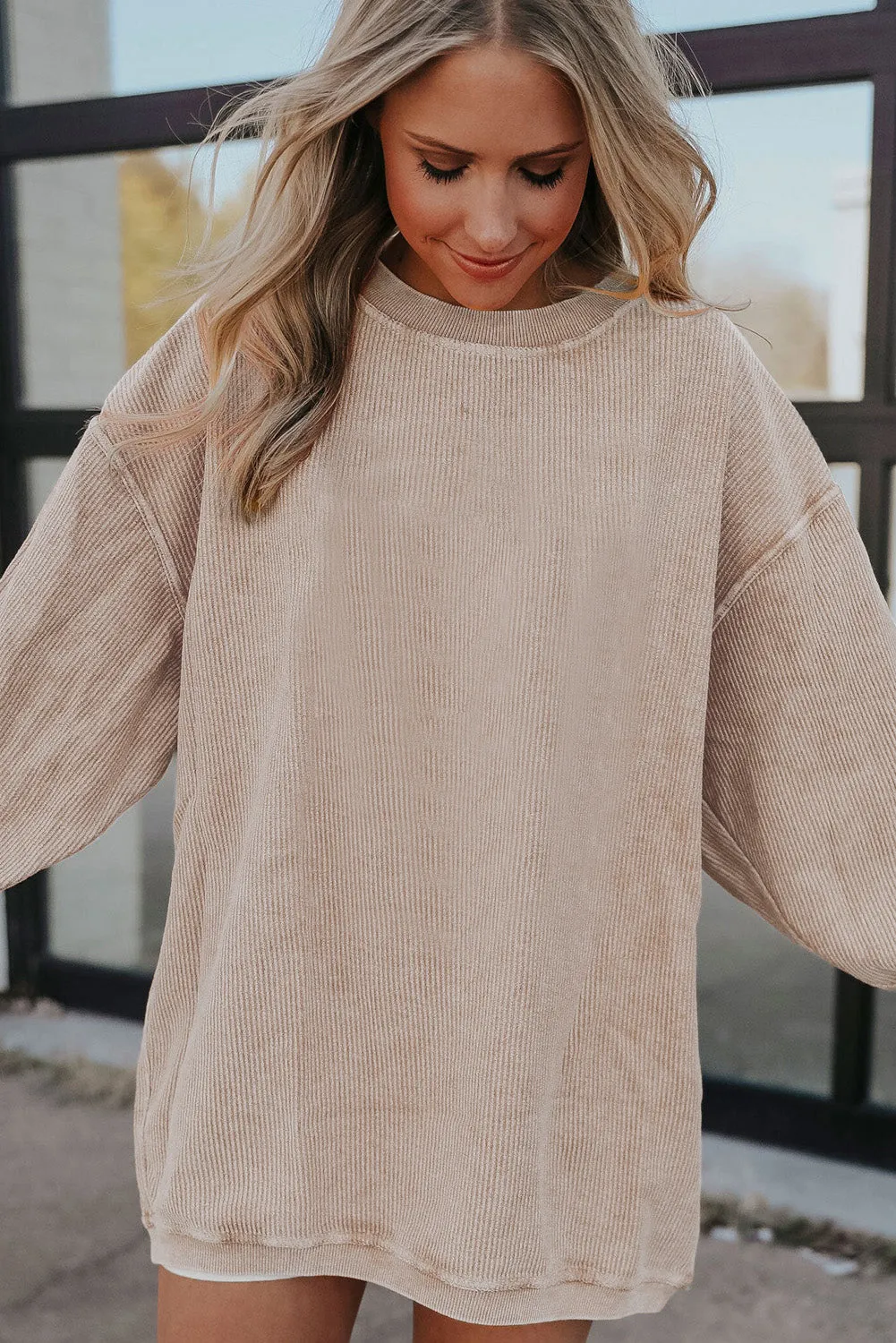 Black Solid Color Ribbed Oversized Sweatshirt