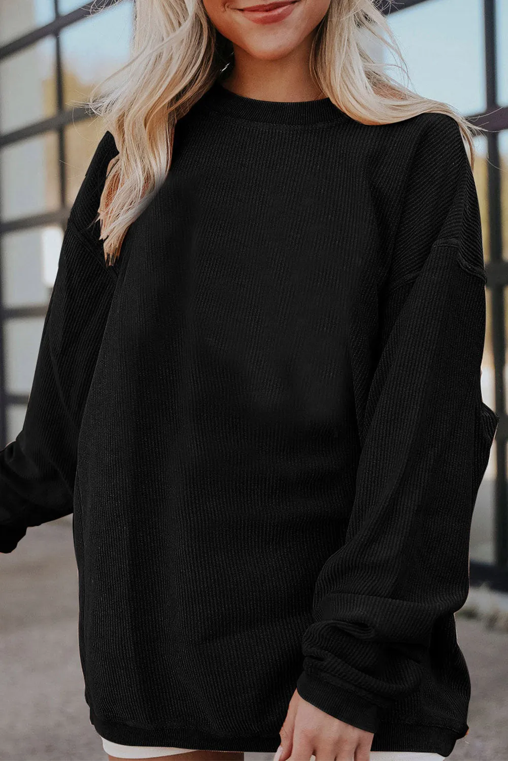 Black Solid Color Ribbed Oversized Sweatshirt