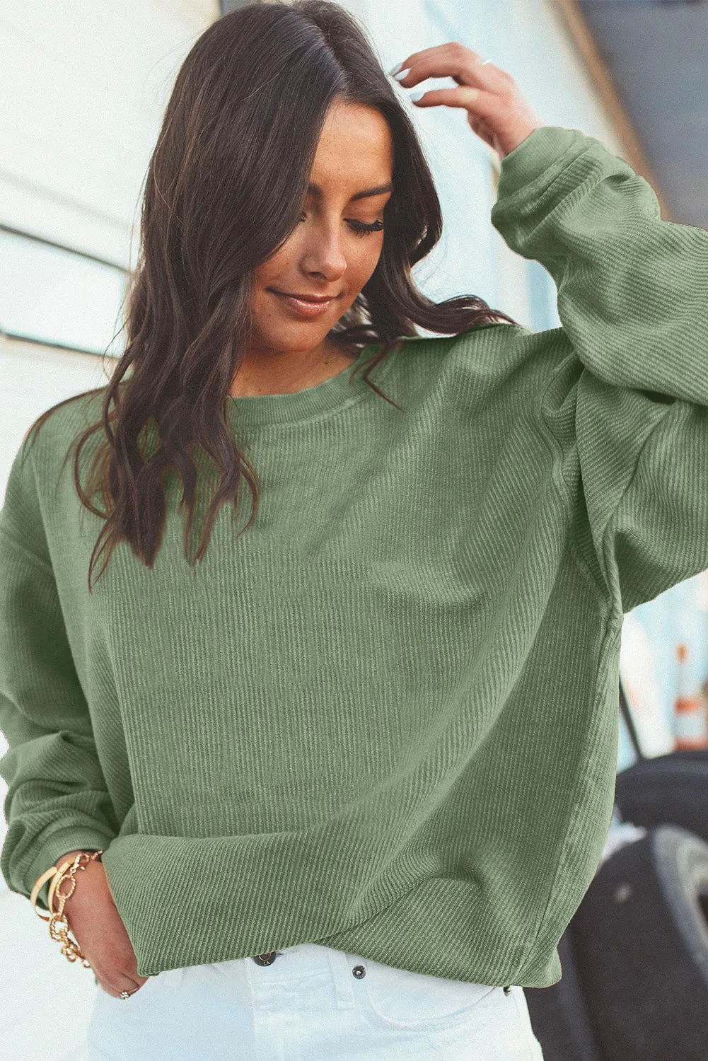 Black Solid Color Ribbed Oversized Sweatshirt
