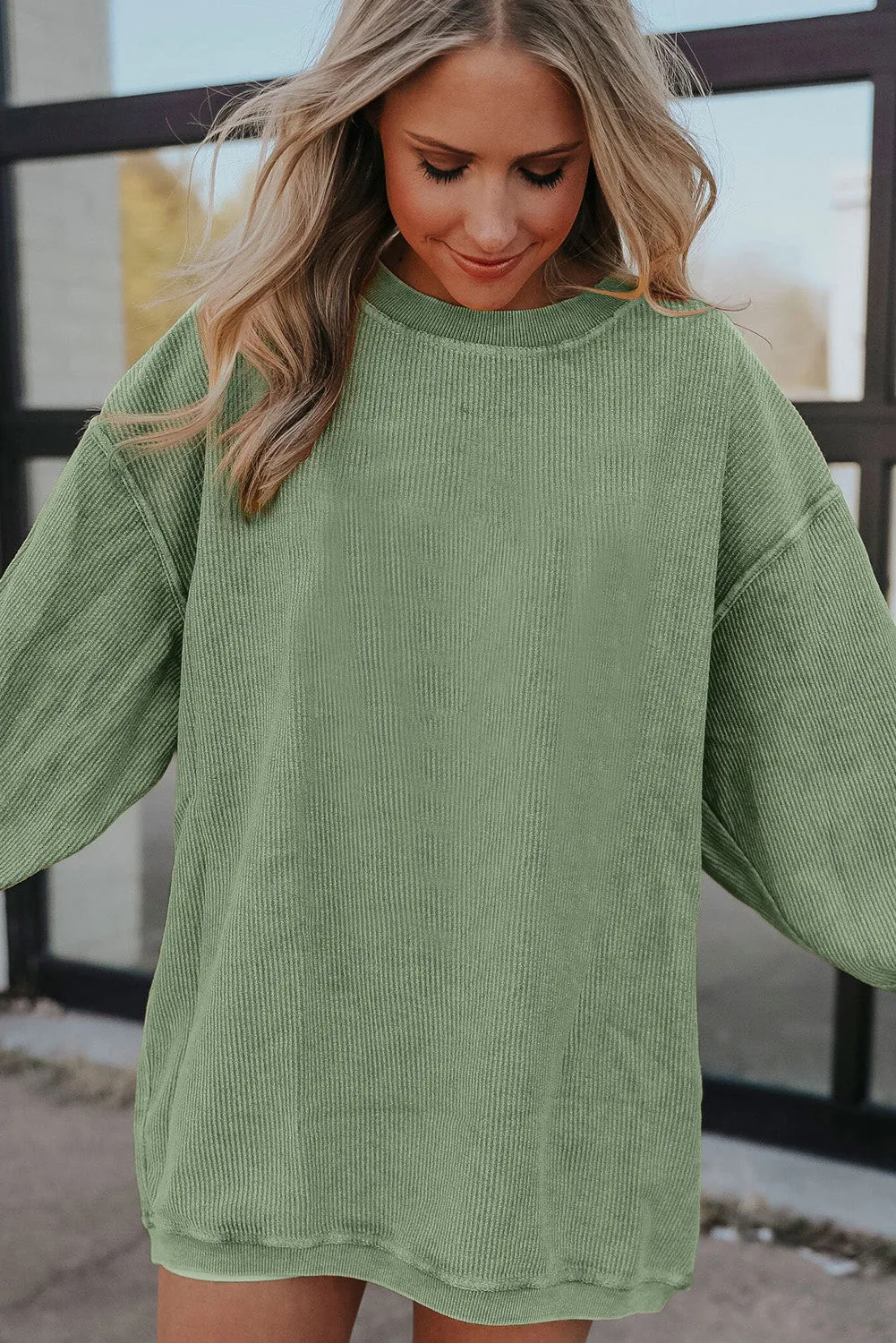Black Solid Color Ribbed Oversized Sweatshirt