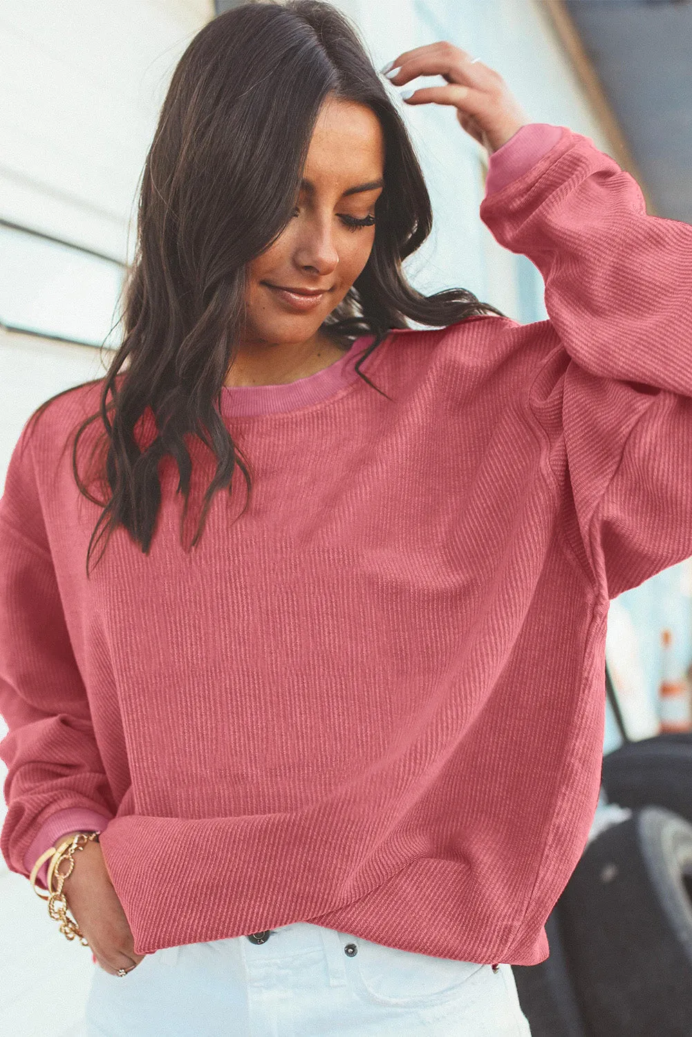 Black Solid Color Ribbed Oversized Sweatshirt