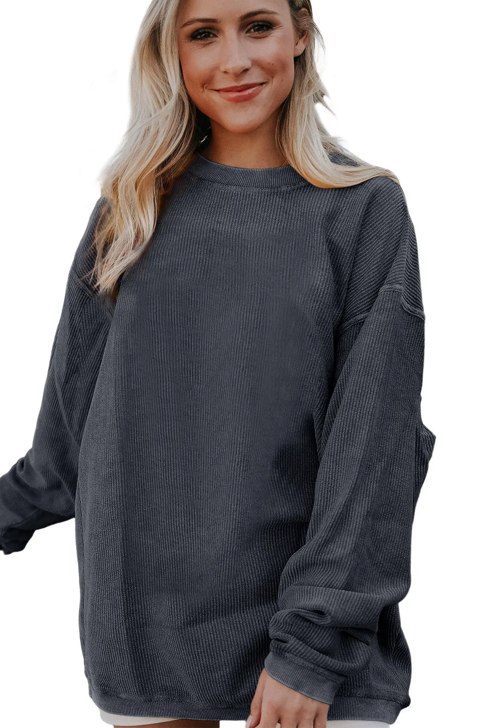 Black Solid Color Ribbed Oversized Sweatshirt