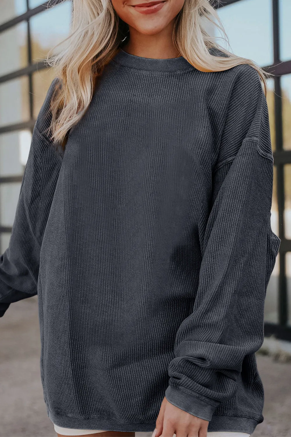 Black Solid Color Ribbed Oversized Sweatshirt