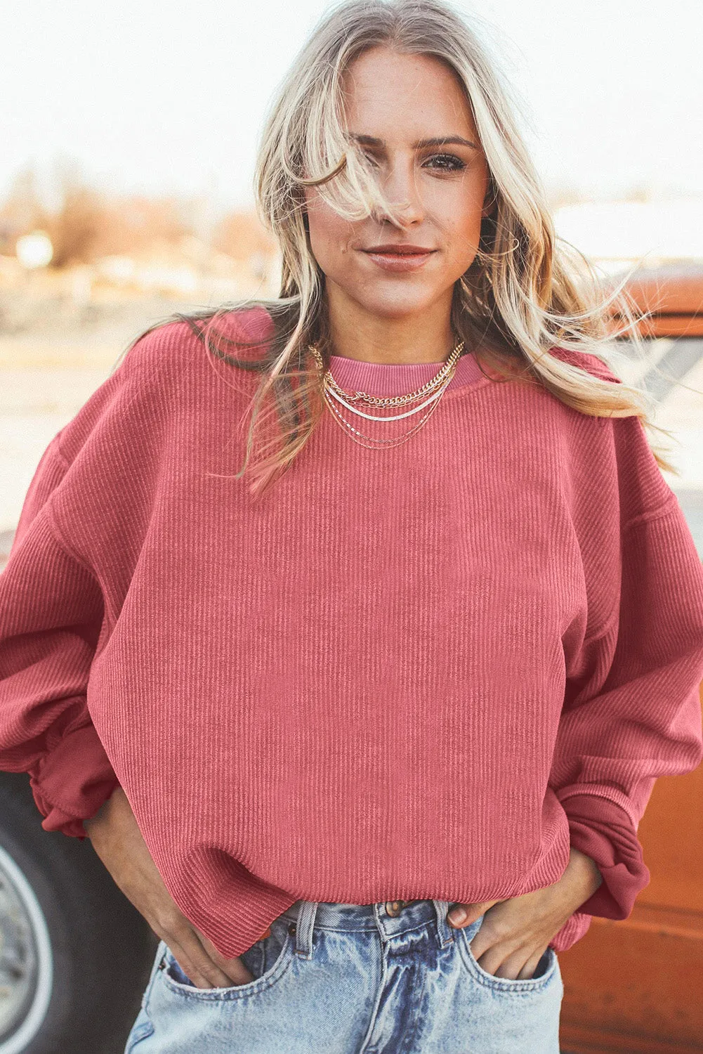 Black Solid Color Ribbed Oversized Sweatshirt