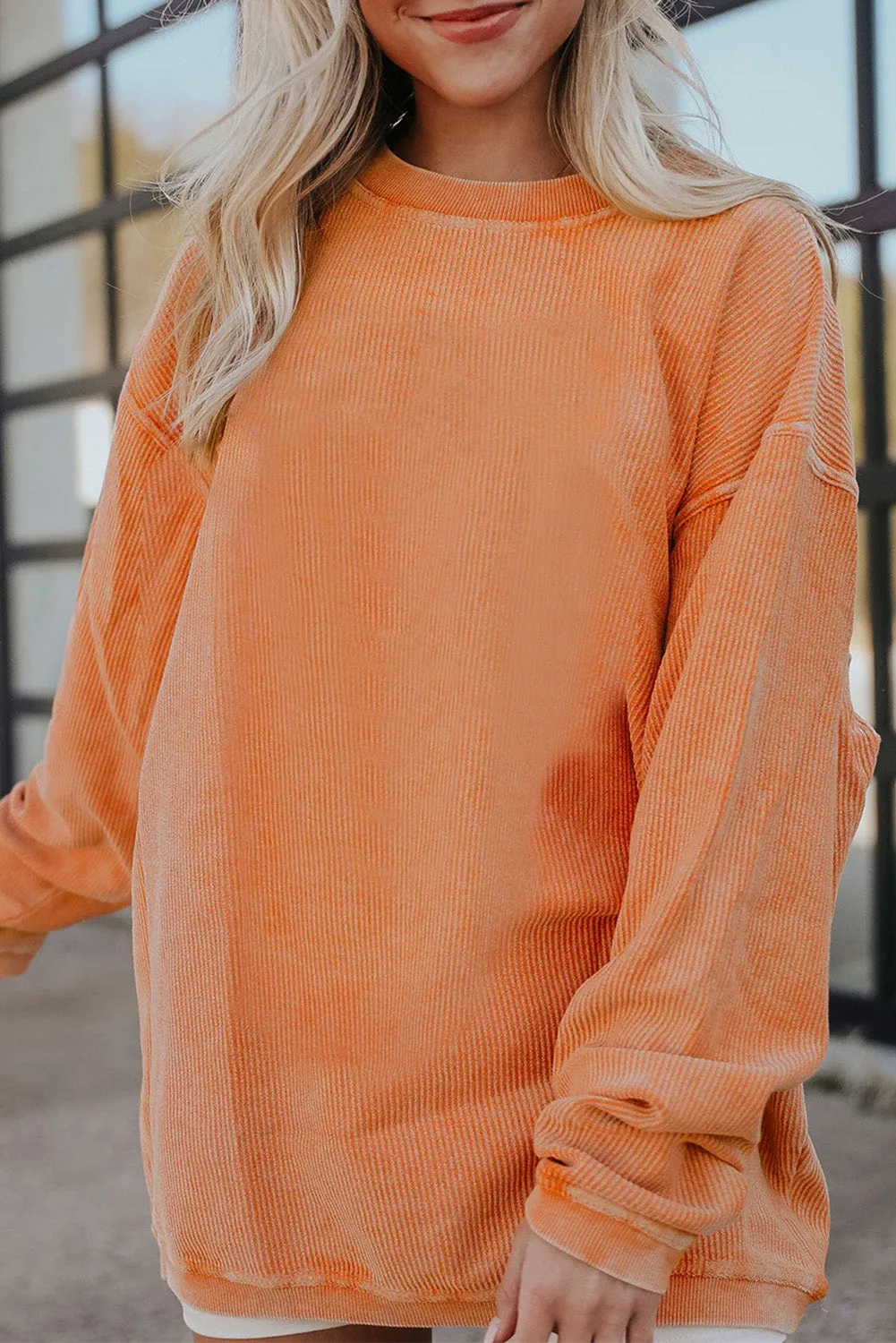 Black Solid Color Ribbed Oversized Sweatshirt