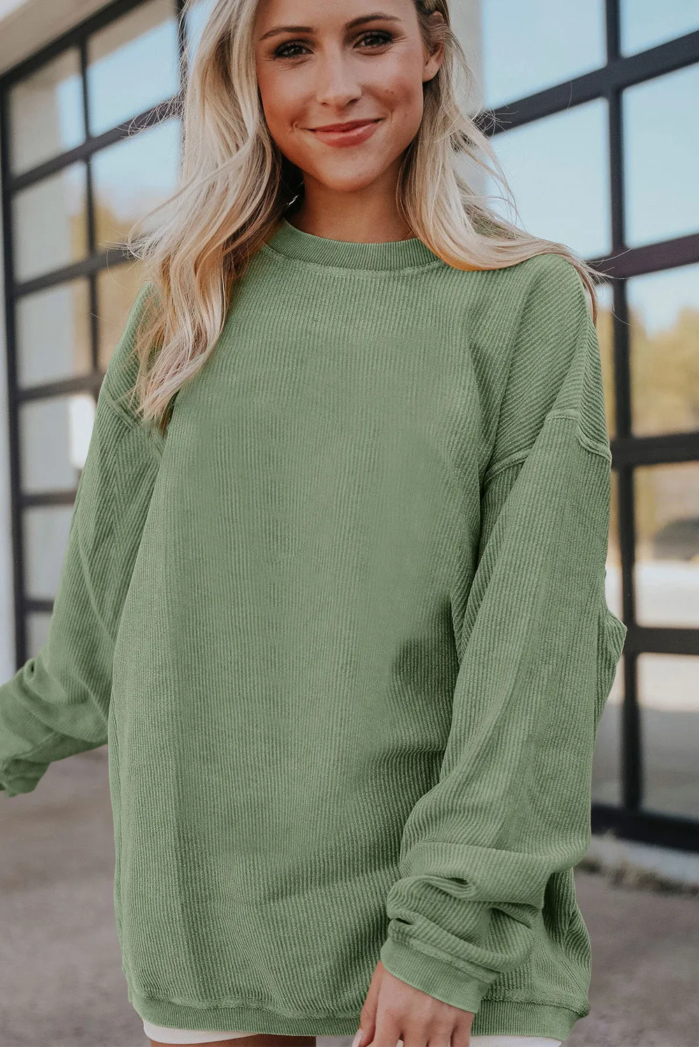 Black Solid Color Ribbed Oversized Sweatshirt