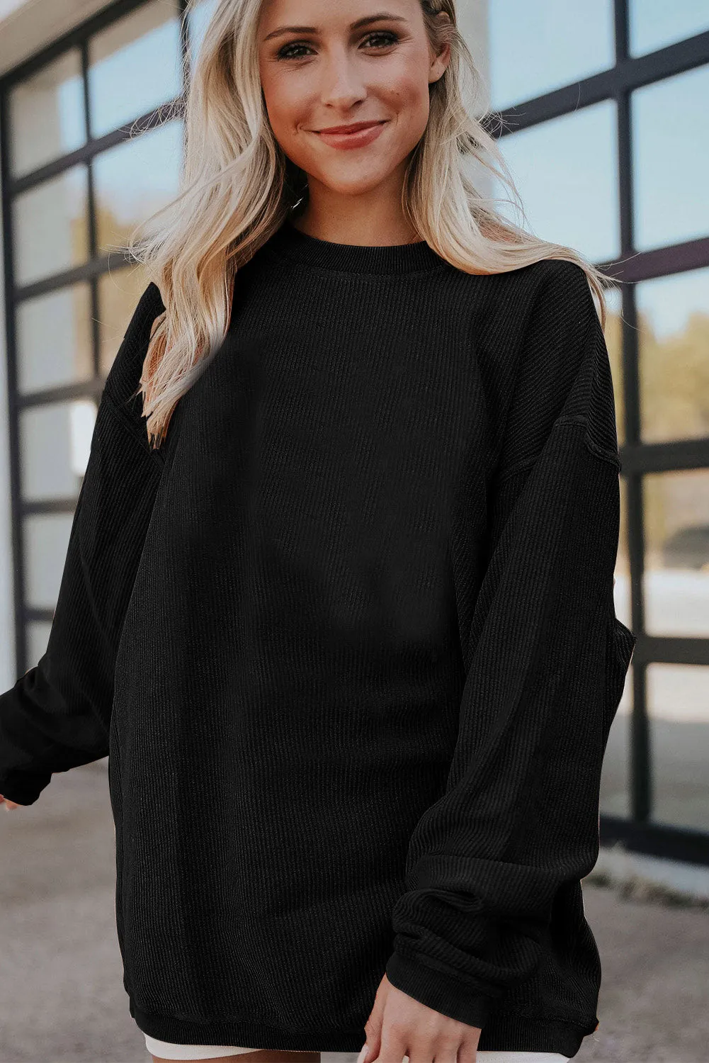 Black Solid Color Ribbed Oversized Sweatshirt