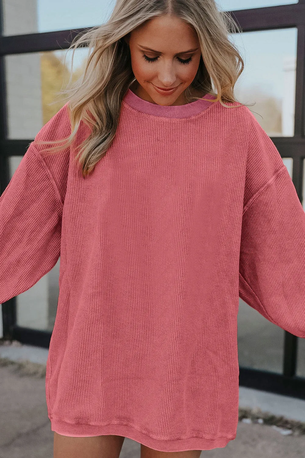 Black Solid Color Ribbed Oversized Sweatshirt