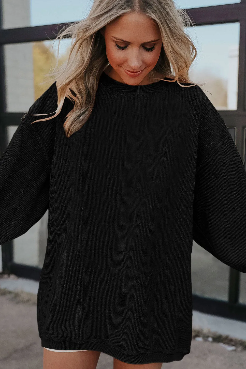 Black Solid Color Ribbed Oversized Sweatshirt