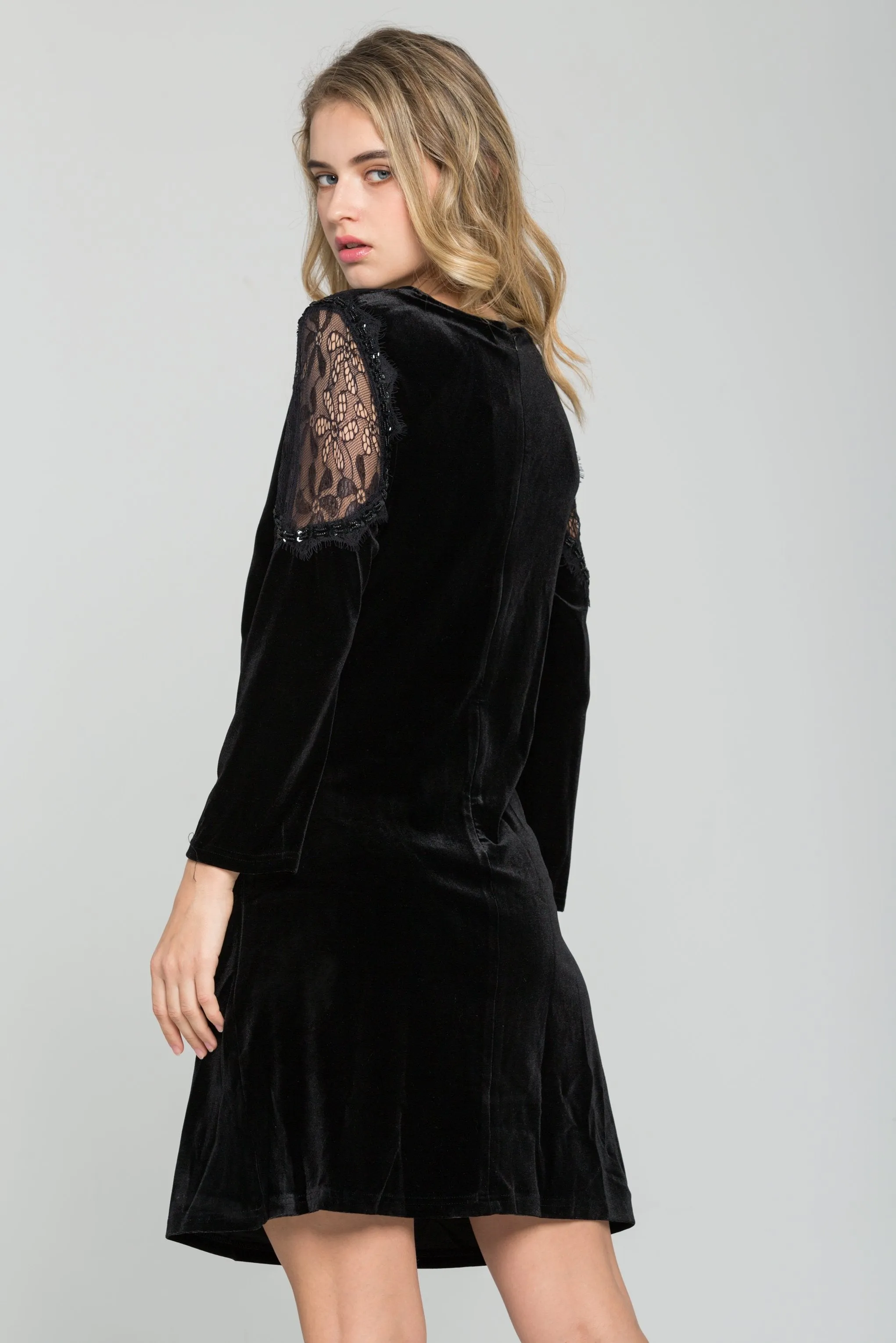 Black Suede Lace Sleeves Mini Dress