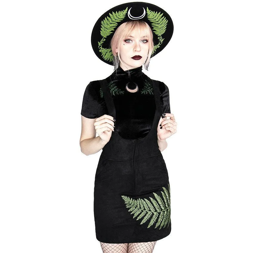 Black Suspender Dress with Embroidered Fern