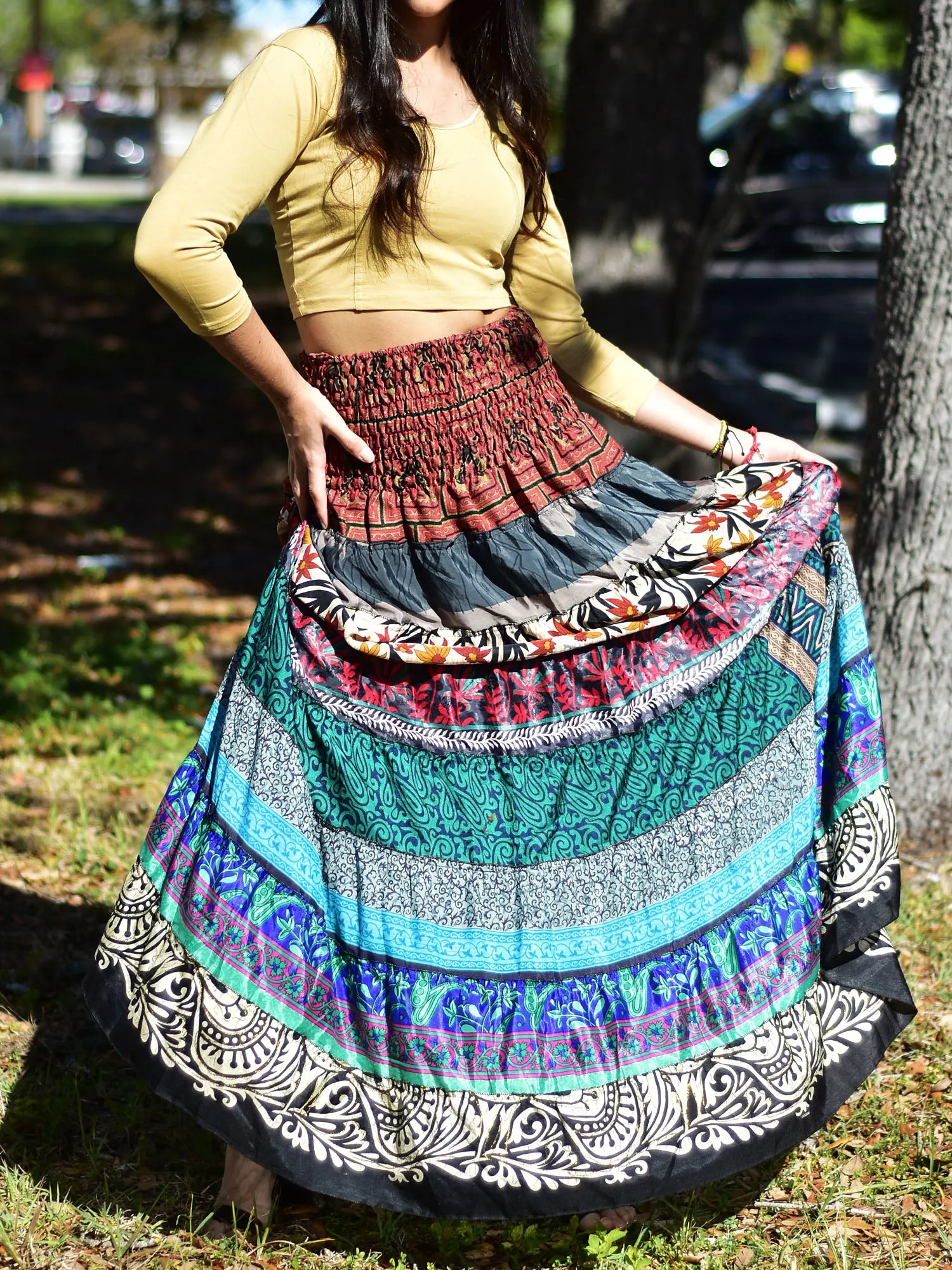 Boho Bohemian Vintage Handmade Fair Trade Indian Silk Sari Saree Printed Indu Spaghetti Strap Dress Tube Dress Skirt