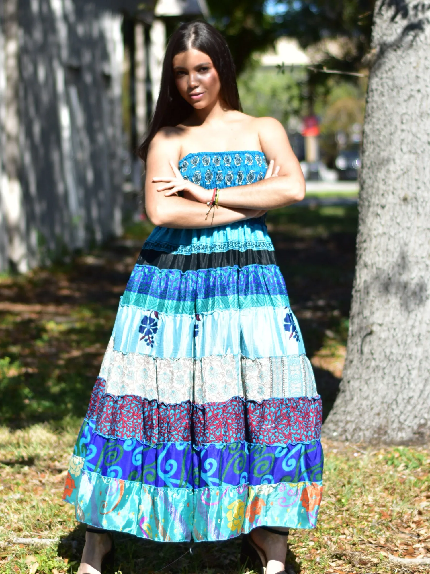 Boho Bohemian Vintage Handmade Fair Trade Indian Silk Sari Saree Printed Indu Spaghetti Strap Dress Tube Dress Skirt