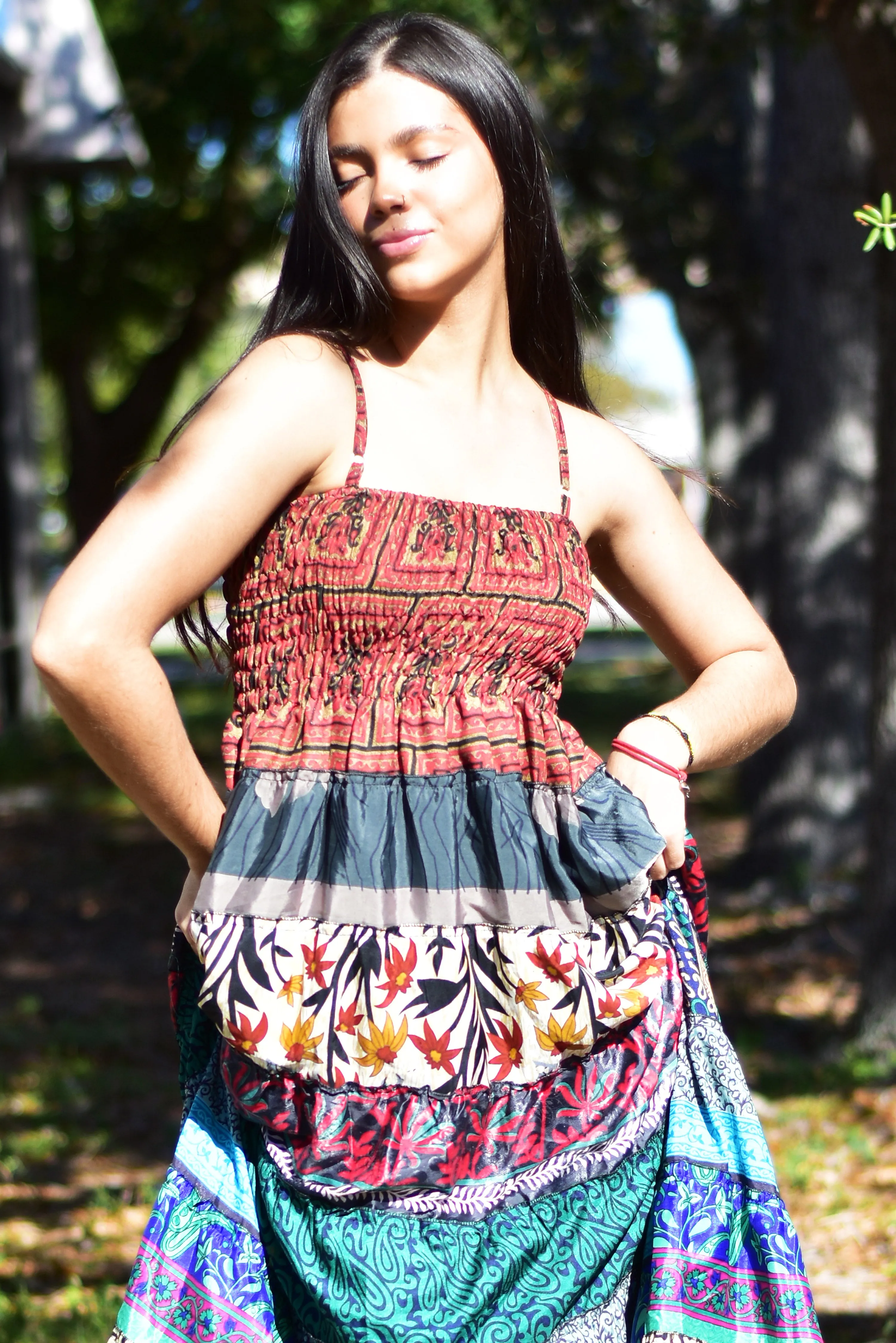 Boho Bohemian Vintage Handmade Fair Trade Indian Silk Sari Saree Printed Indu Spaghetti Strap Dress Tube Dress Skirt