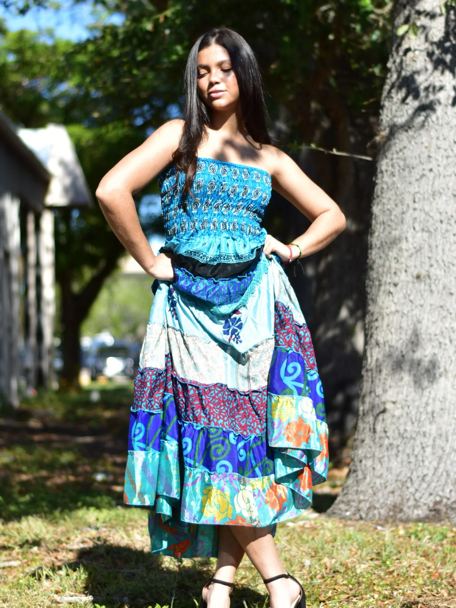 Boho Bohemian Vintage Handmade Fair Trade Indian Silk Sari Saree Printed Indu Spaghetti Strap Dress Tube Dress Skirt