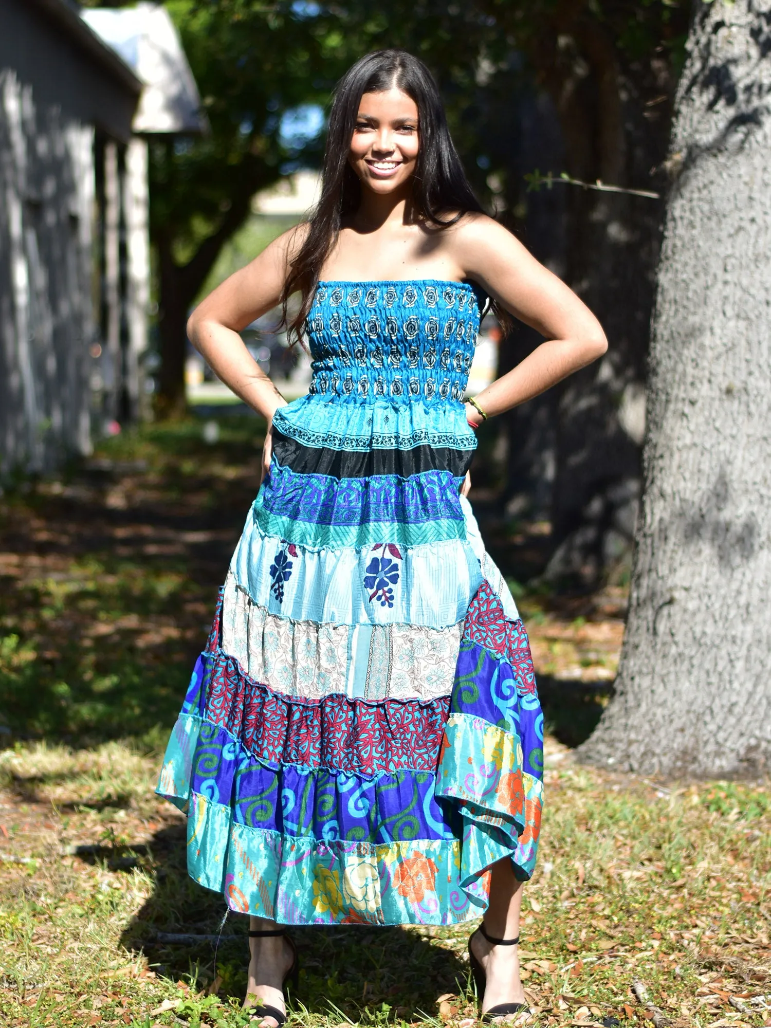 Boho Bohemian Vintage Handmade Fair Trade Indian Silk Sari Saree Printed Indu Spaghetti Strap Dress Tube Dress Skirt