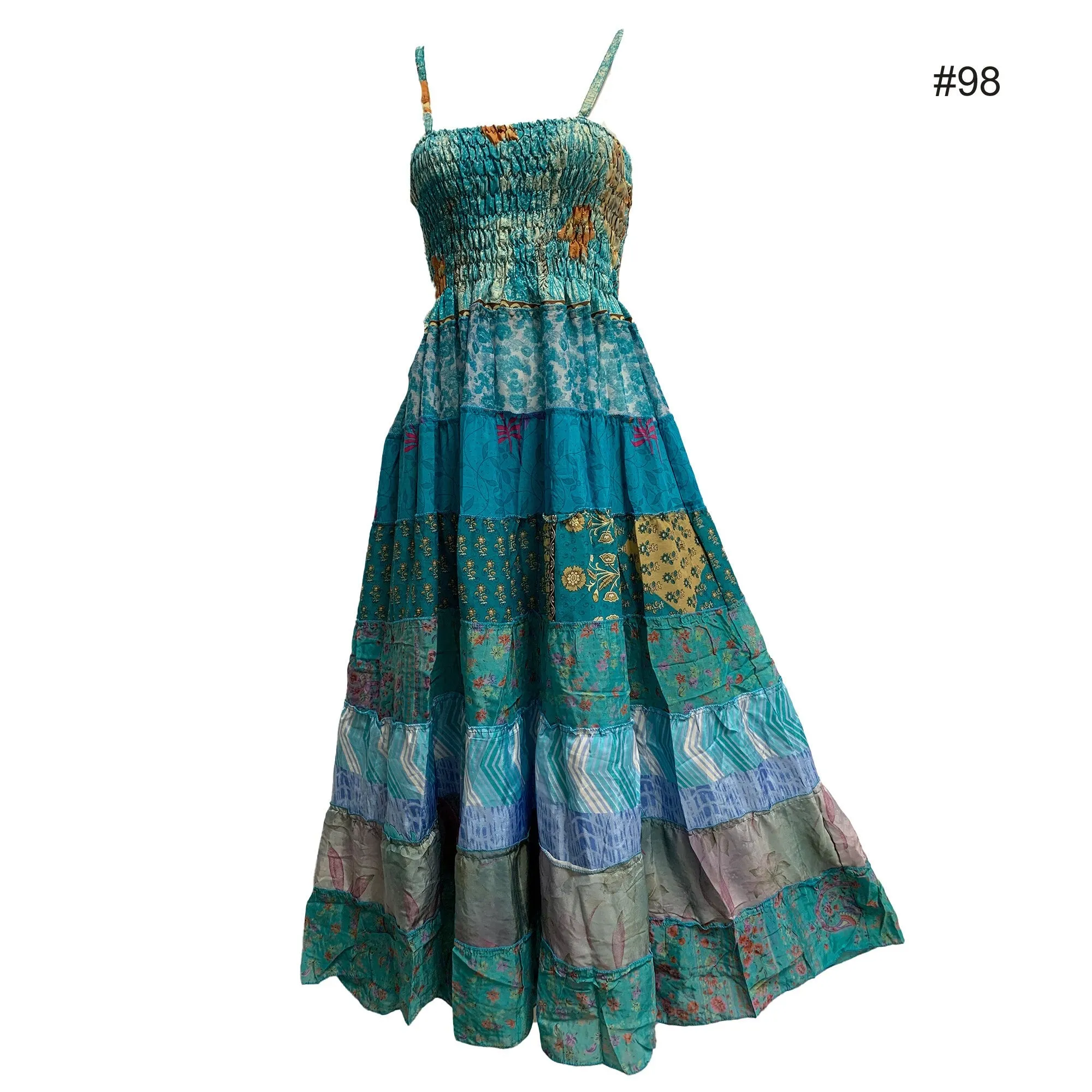 Boho Bohemian Vintage Handmade Fair Trade Indian Silk Sari Saree Printed Indu Spaghetti Strap Dress Tube Dress Skirt