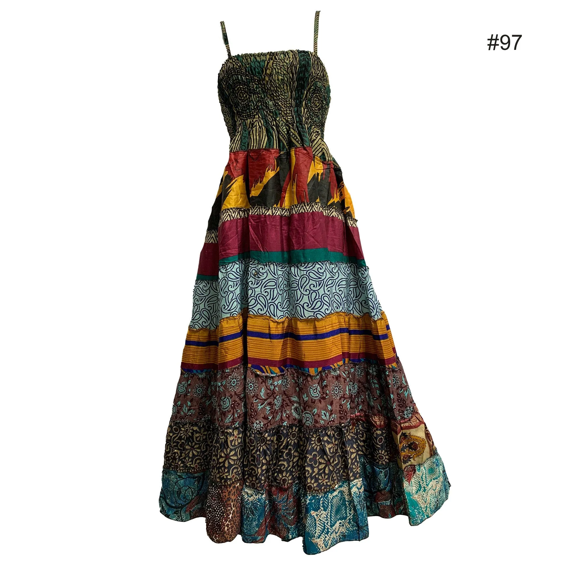 Boho Bohemian Vintage Handmade Fair Trade Indian Silk Sari Saree Printed Indu Spaghetti Strap Dress Tube Dress Skirt