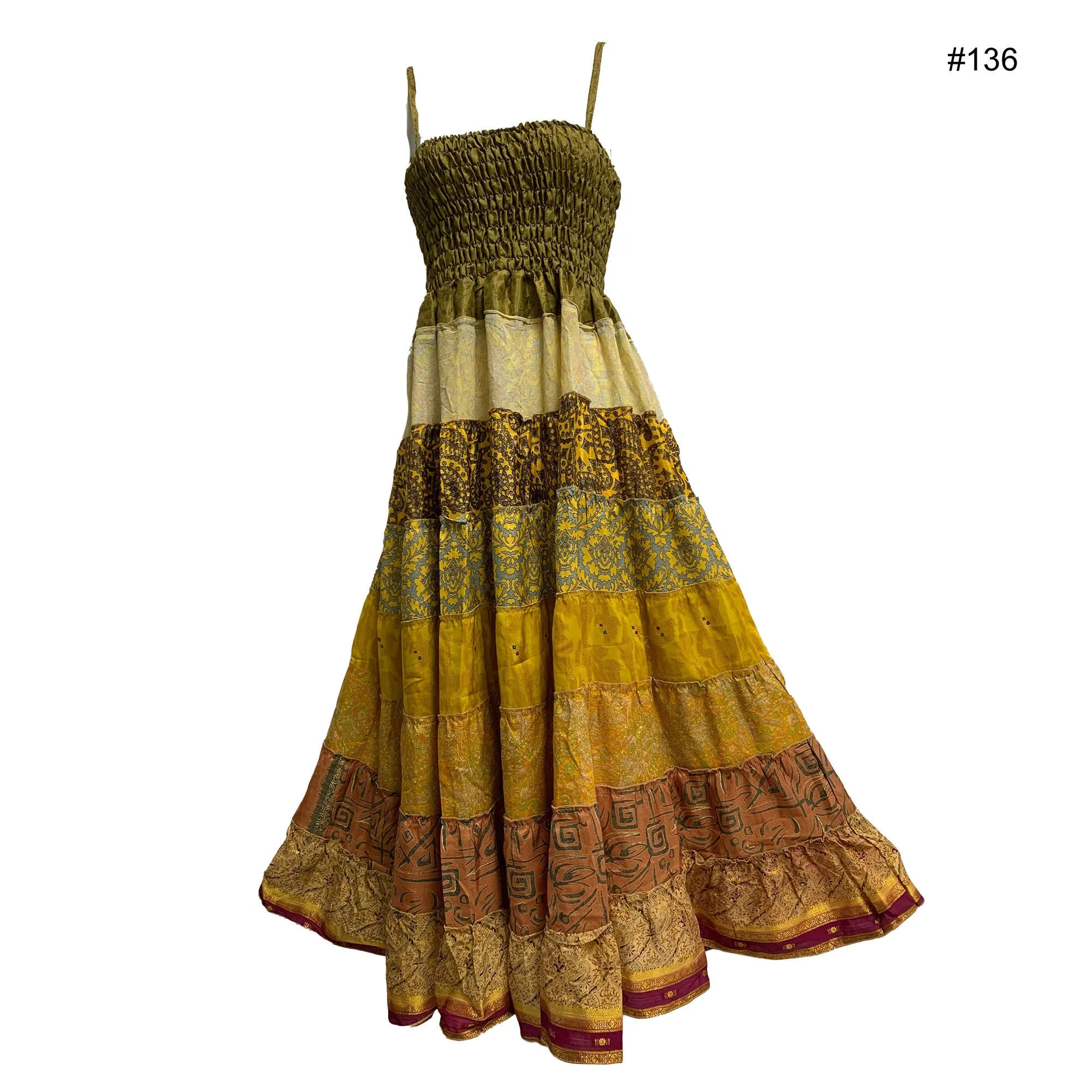Boho Bohemian Vintage Handmade Fair Trade Indian Silk Sari Saree Printed Indu Spaghetti Strap Dress Tube Dress Skirt