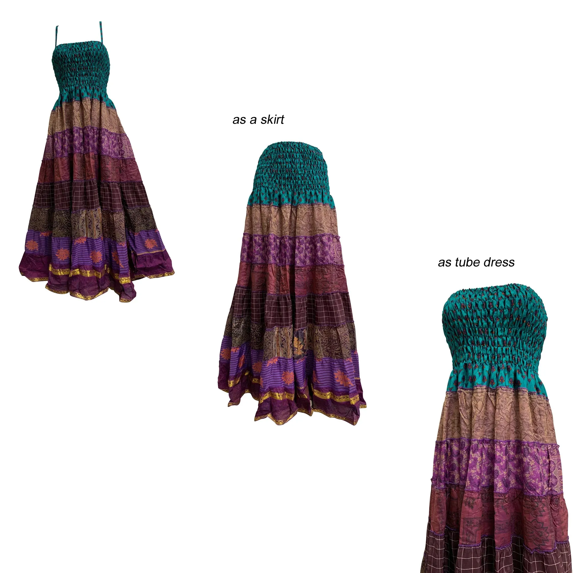 Boho Bohemian Vintage Handmade Fair Trade Indian Silk Sari Saree Printed Indu Spaghetti Strap Dress Tube Dress Skirt