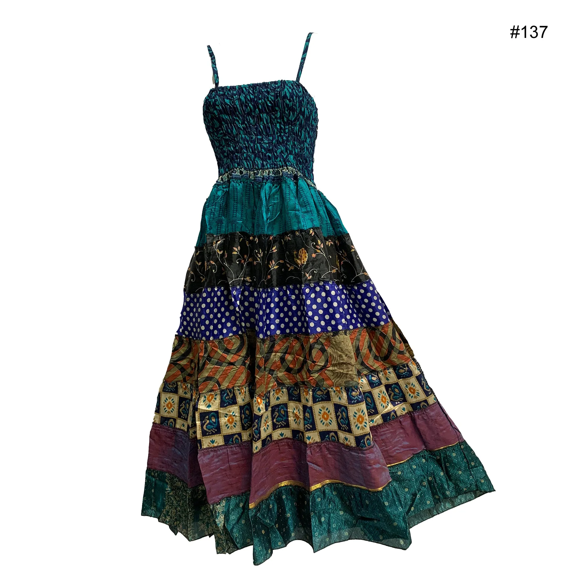 Boho Bohemian Vintage Handmade Fair Trade Indian Silk Sari Saree Printed Indu Spaghetti Strap Dress Tube Dress Skirt