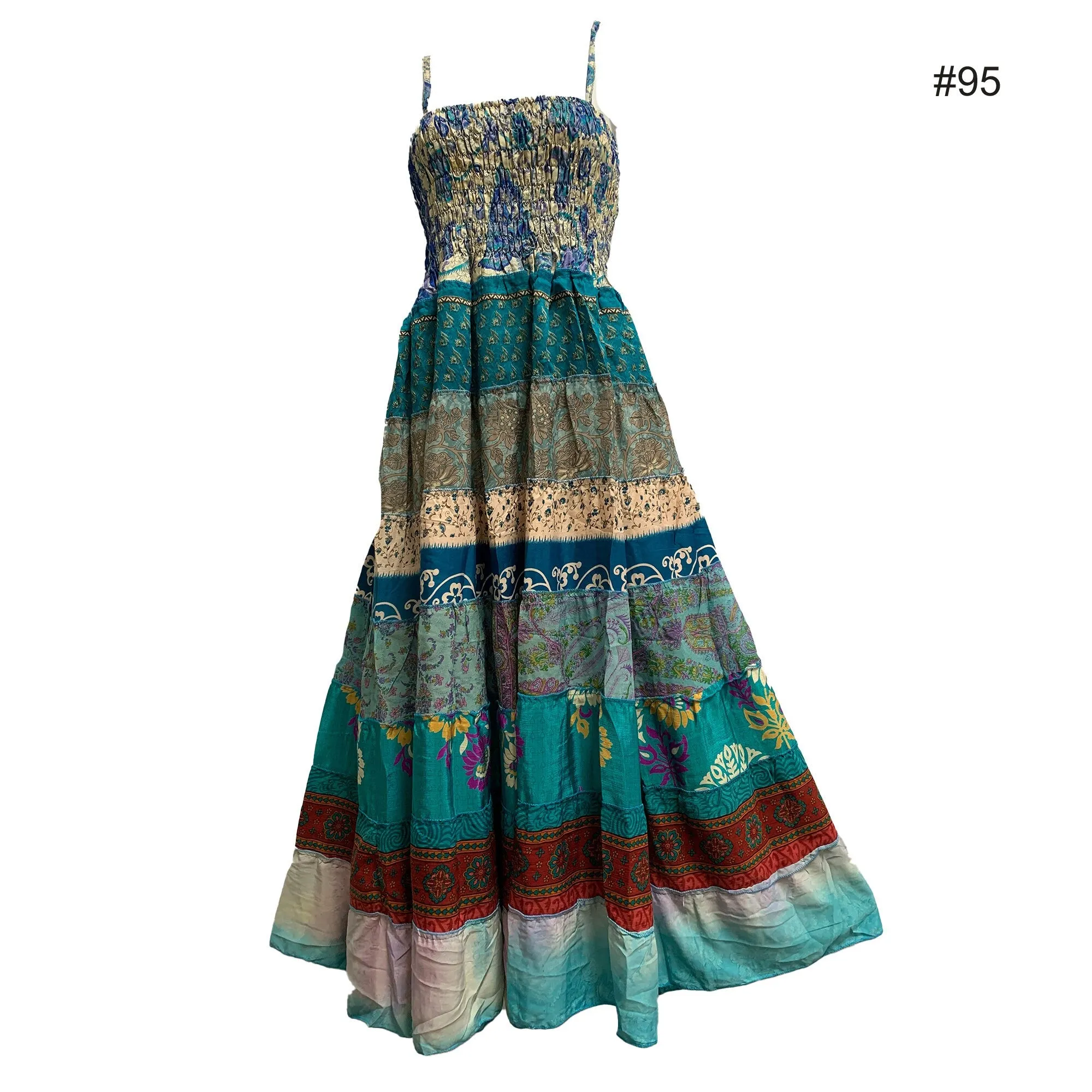 Boho Bohemian Vintage Handmade Fair Trade Indian Silk Sari Saree Printed Indu Spaghetti Strap Dress Tube Dress Skirt
