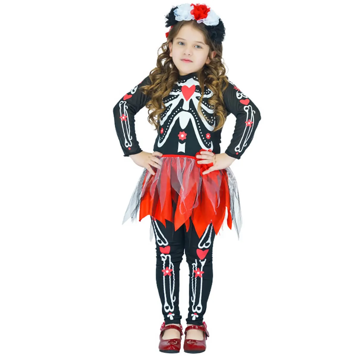 Boys Girls Halloween Scary Skeleton Suit Kids Skull Role Play Costume Corpse Bride Fancy Dress