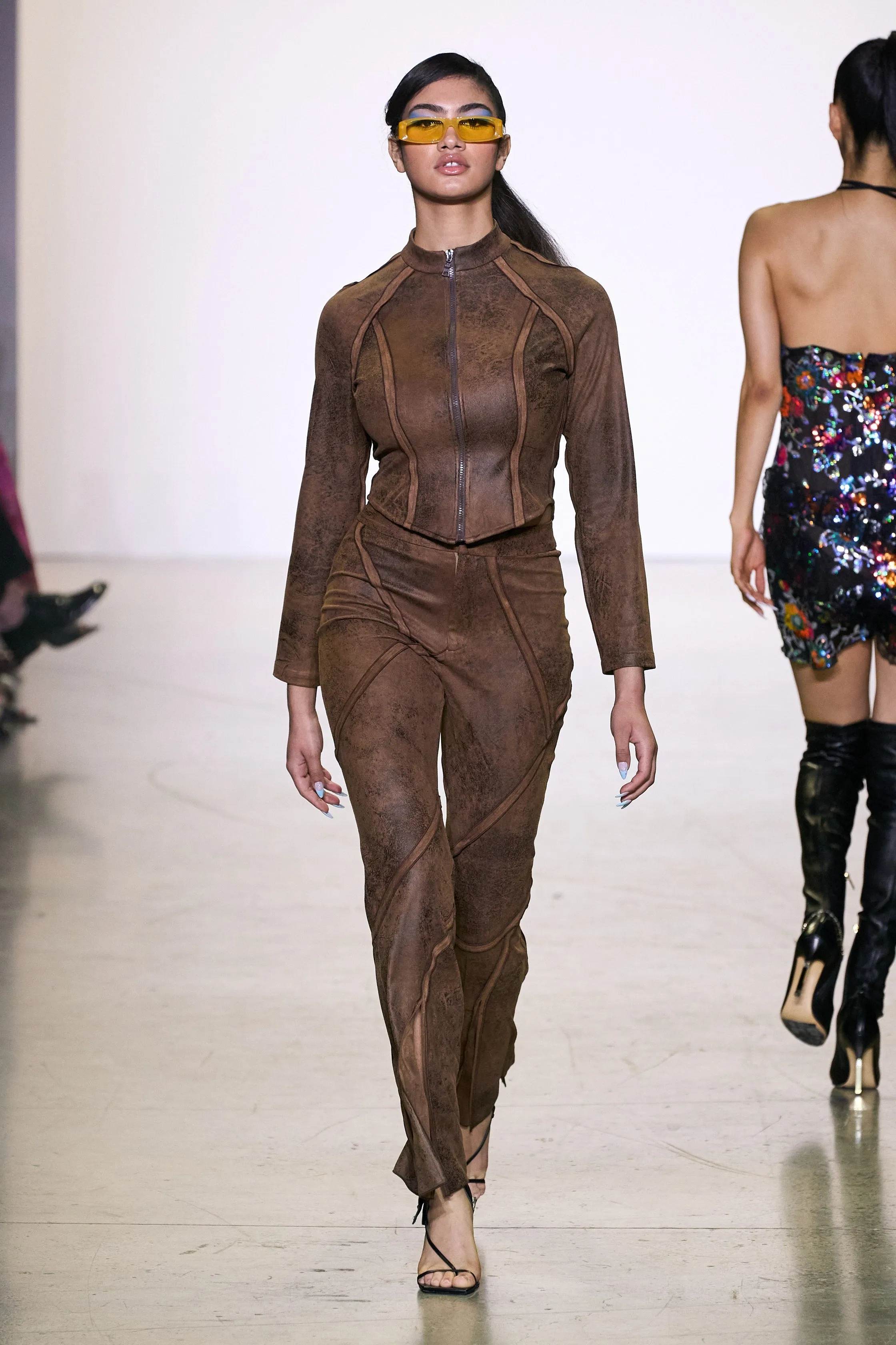 Brown Pleather Open Seam Pants