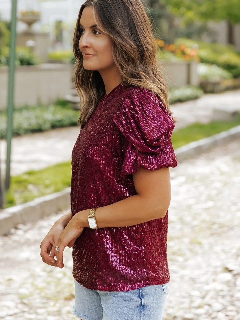 Burgundy Sequin Puff Sleeve Blouse