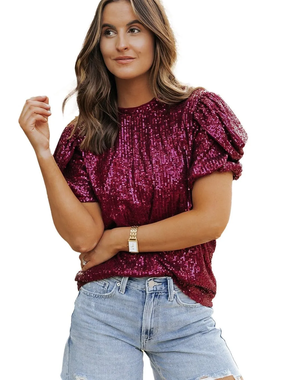 Burgundy Sequin Puff Sleeve Blouse