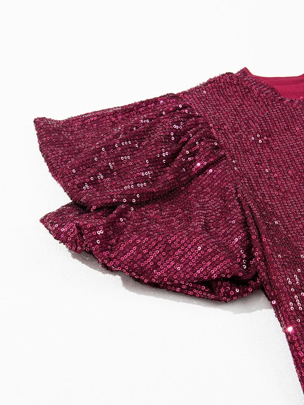 Burgundy Sequin Puff Sleeve Blouse