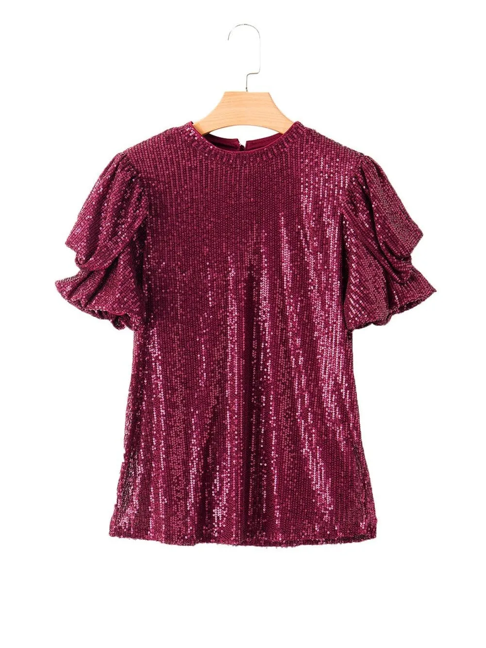 Burgundy Sequin Puff Sleeve Blouse