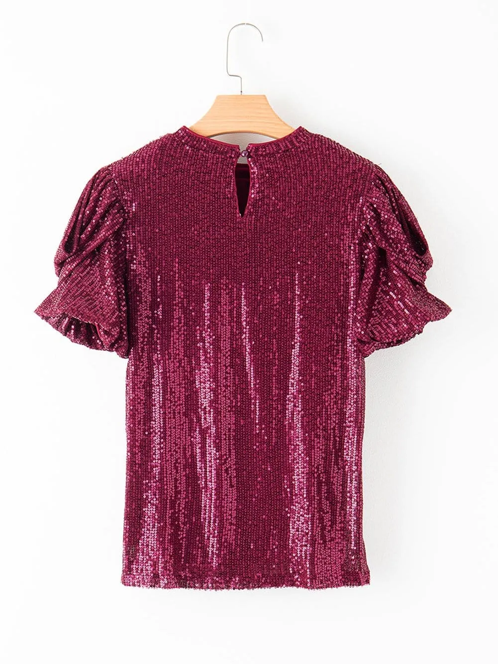 Burgundy Sequin Puff Sleeve Blouse