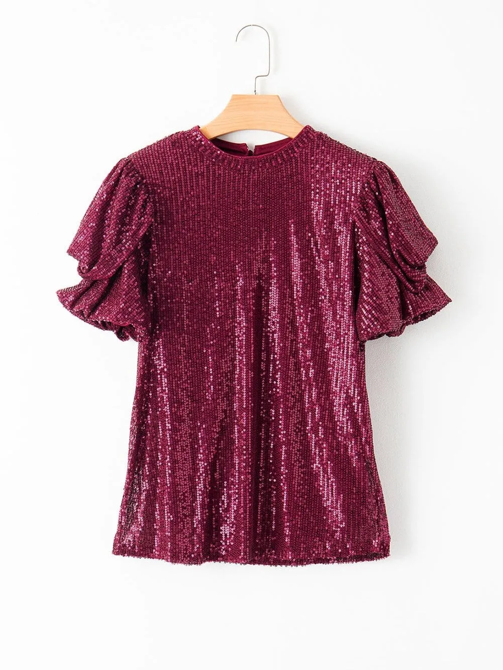 Burgundy Sequin Puff Sleeve Blouse