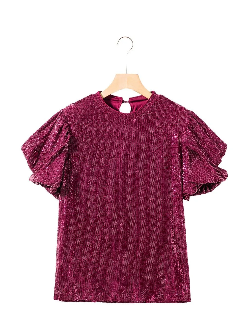 Burgundy Sequin Puff Sleeve Blouse