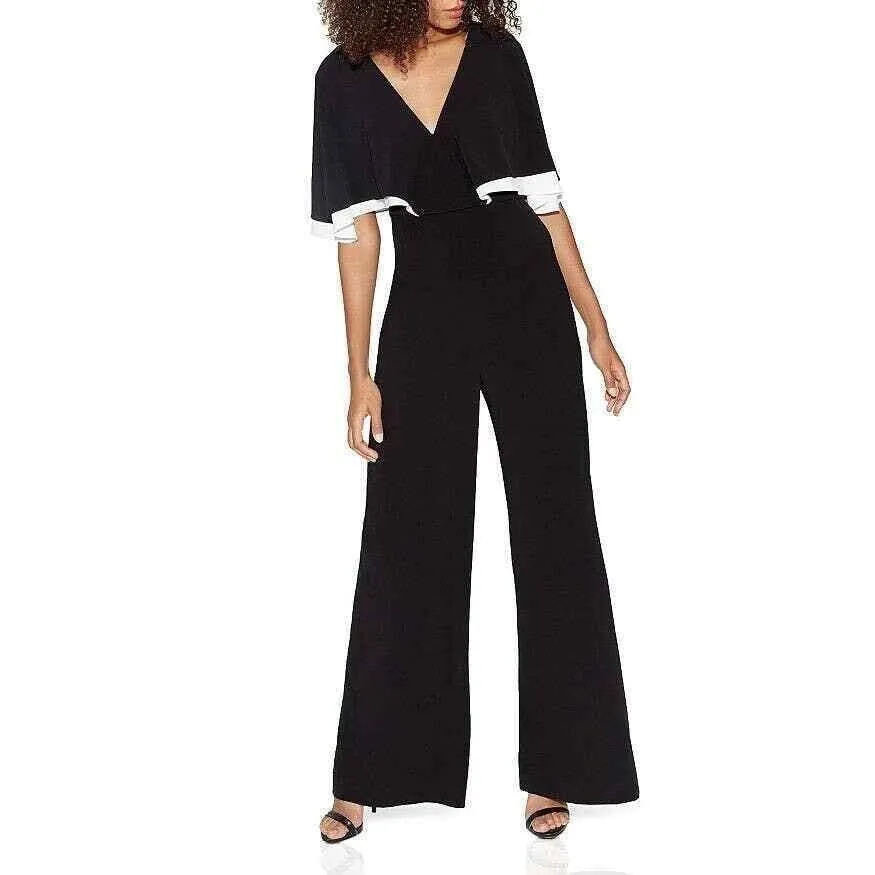 Cape Overlay Jumpsuit US 12 Black White Romper Wide Leg