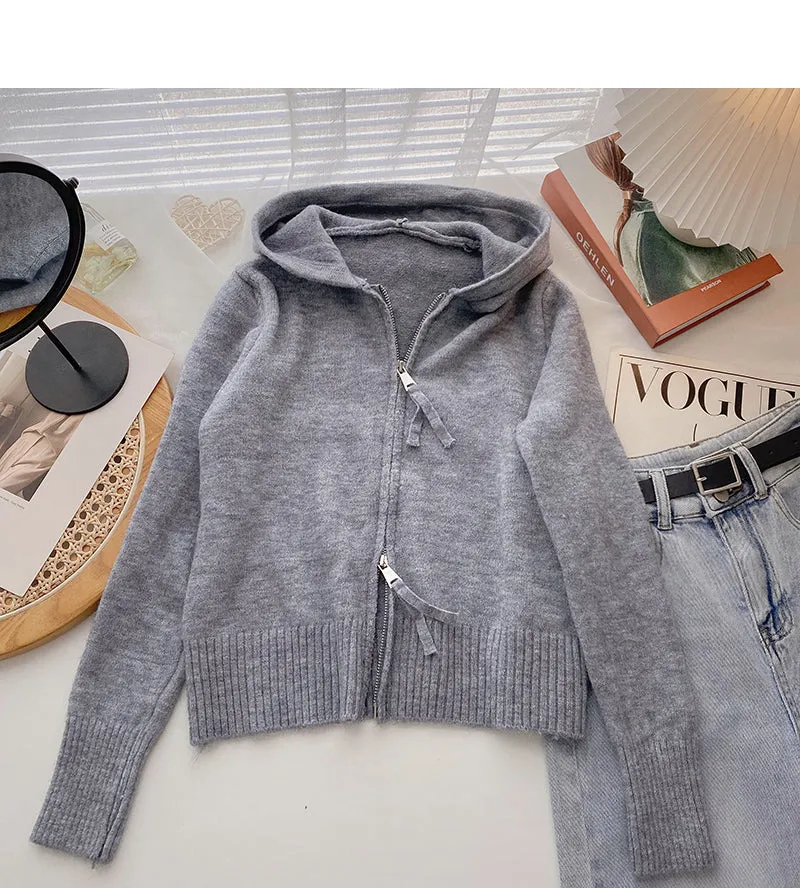 Cardigan knit Hooded Jacket versatile long sleeve top  6522
