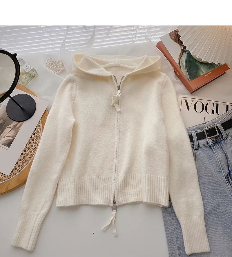 Cardigan knit Hooded Jacket versatile long sleeve top  6522