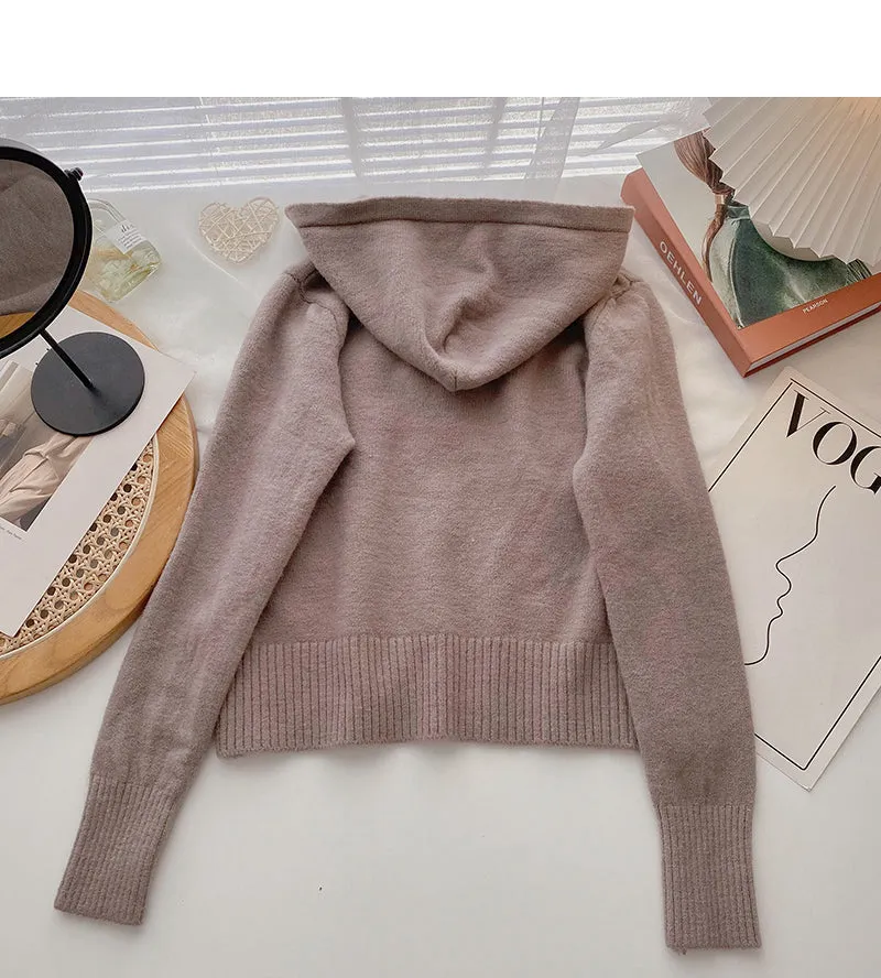 Cardigan knit Hooded Jacket versatile long sleeve top  6522
