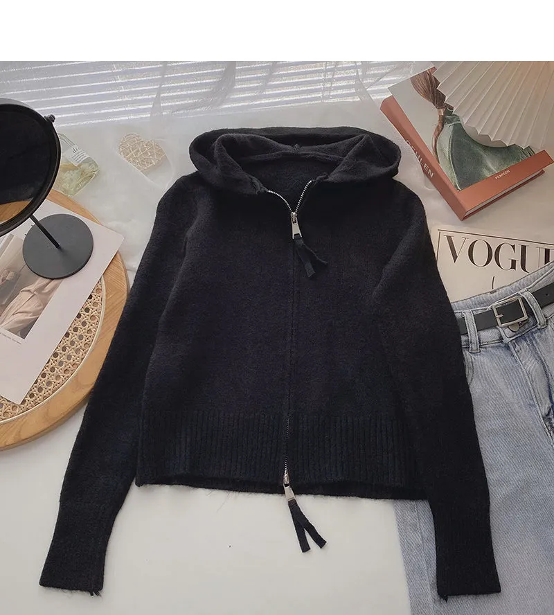 Cardigan knit Hooded Jacket versatile long sleeve top  6522