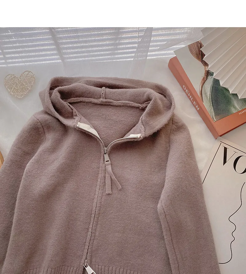 Cardigan knit Hooded Jacket versatile long sleeve top  6522