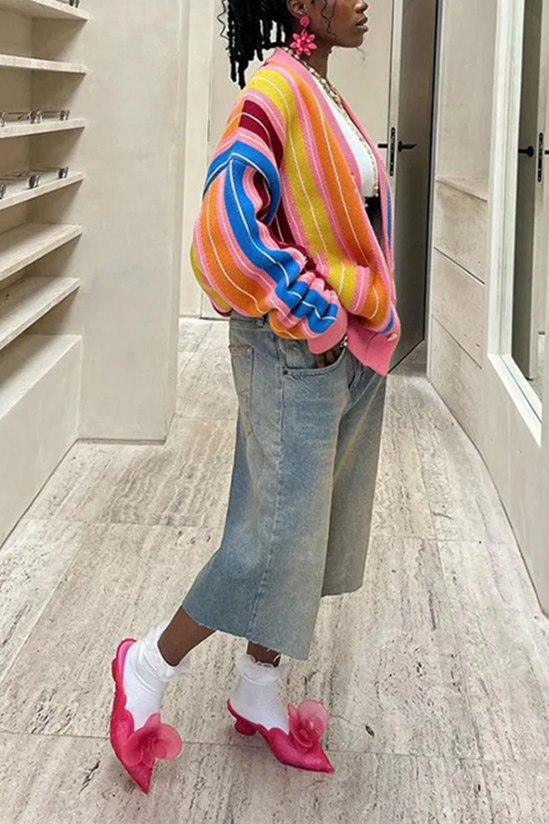 CH0552 Rainbow Stripes Knitted Cardigan